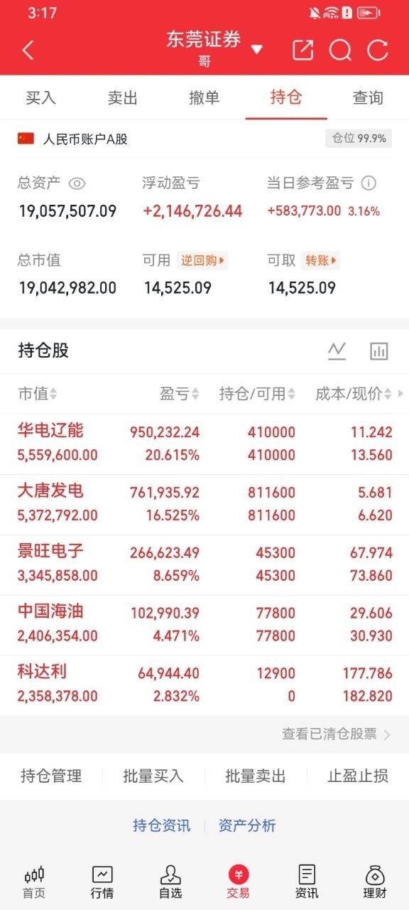 实盘记录今日账户整体收涨3.16%，仓位接近满仓，持仓分为高温电力、PCB硬件、