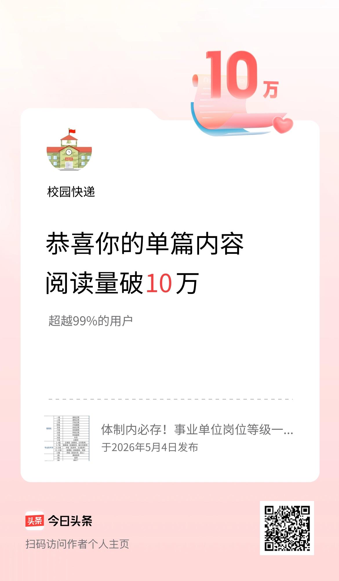单篇内容获得阅读量破10万啦！