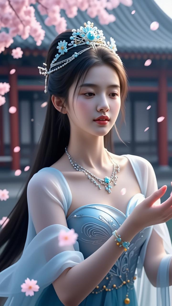 梦幻古风少女，樱花树下，轻纱飘逸，宛如仙子。