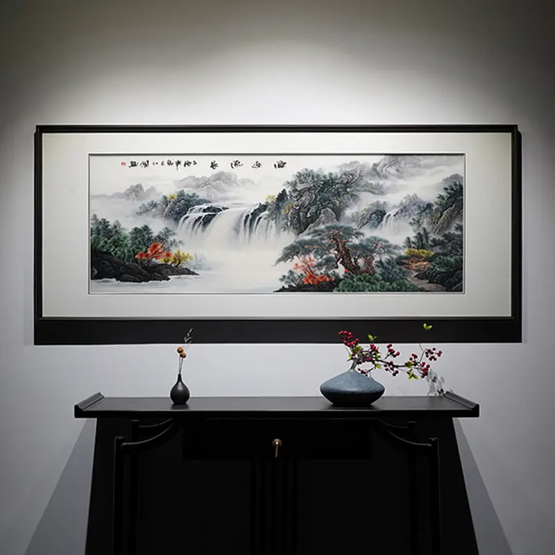 苏绣源远流长｜飞瀑流泉，山水纳万般福运 横版全景山水构图，山水林木飞瀑...