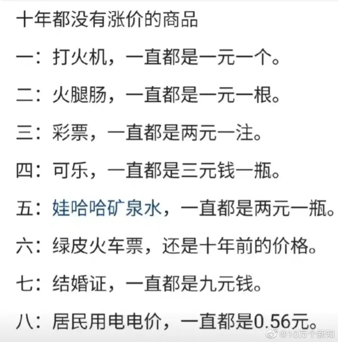 10年以来都没有涨过价的商品。貌似可乐已经涨价了，涨到了3块5一瓶。其他的商品基