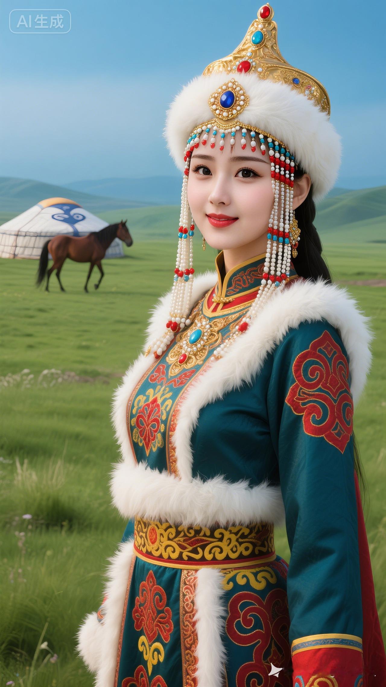 草原女子身着彩绣民族服饰，金底宝石珠帘头饰华贵精致，全身端正站姿露鞋履，特写尽显