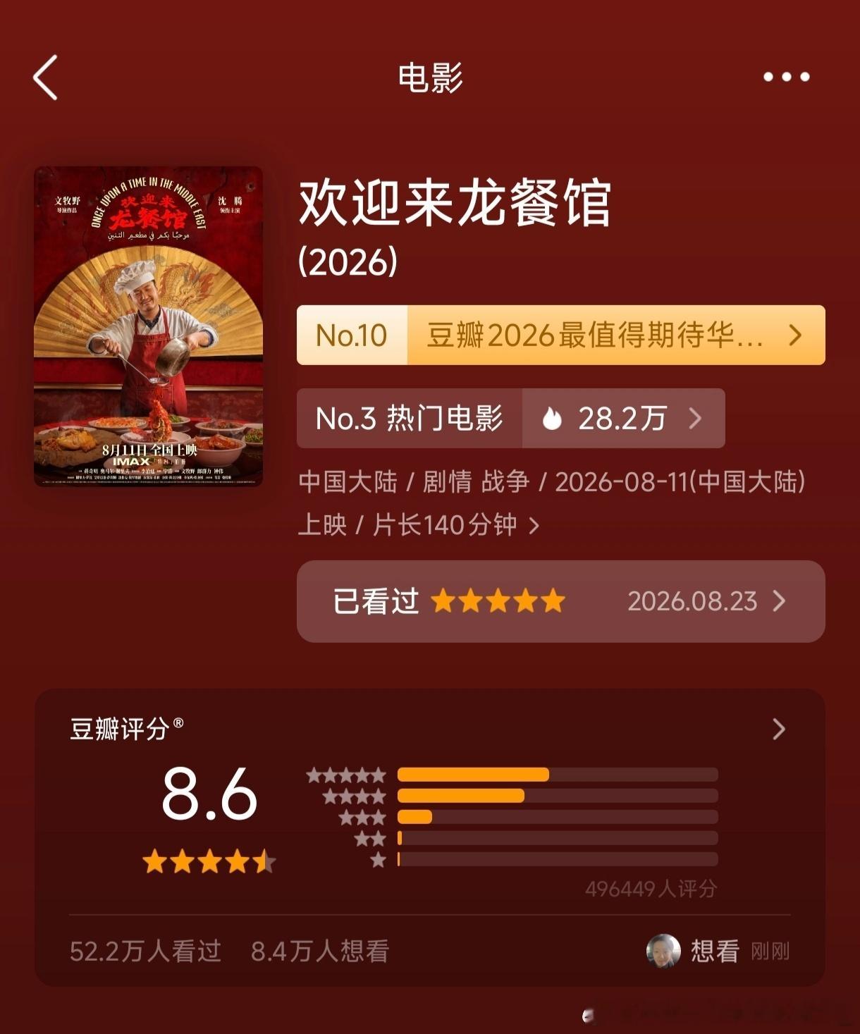 电影欢迎来龙餐馆口碑《欢迎来龙餐馆》上映后口碑整体强劲，豆瓣评分从开分8.4涨至