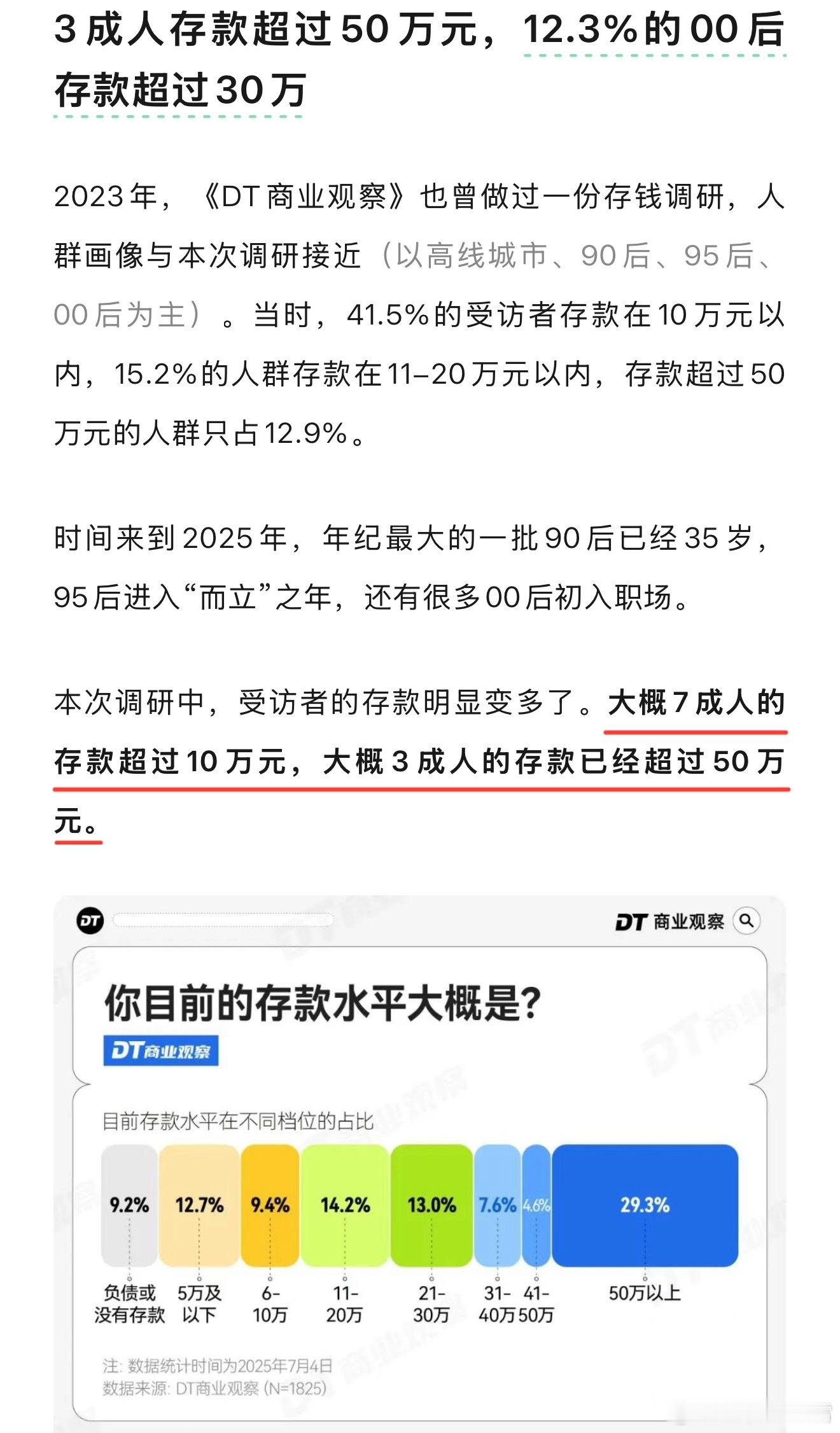 有意思，有机构做了份存款调查，根据他们的调查模型最终得出结论，大概7成人存款超过