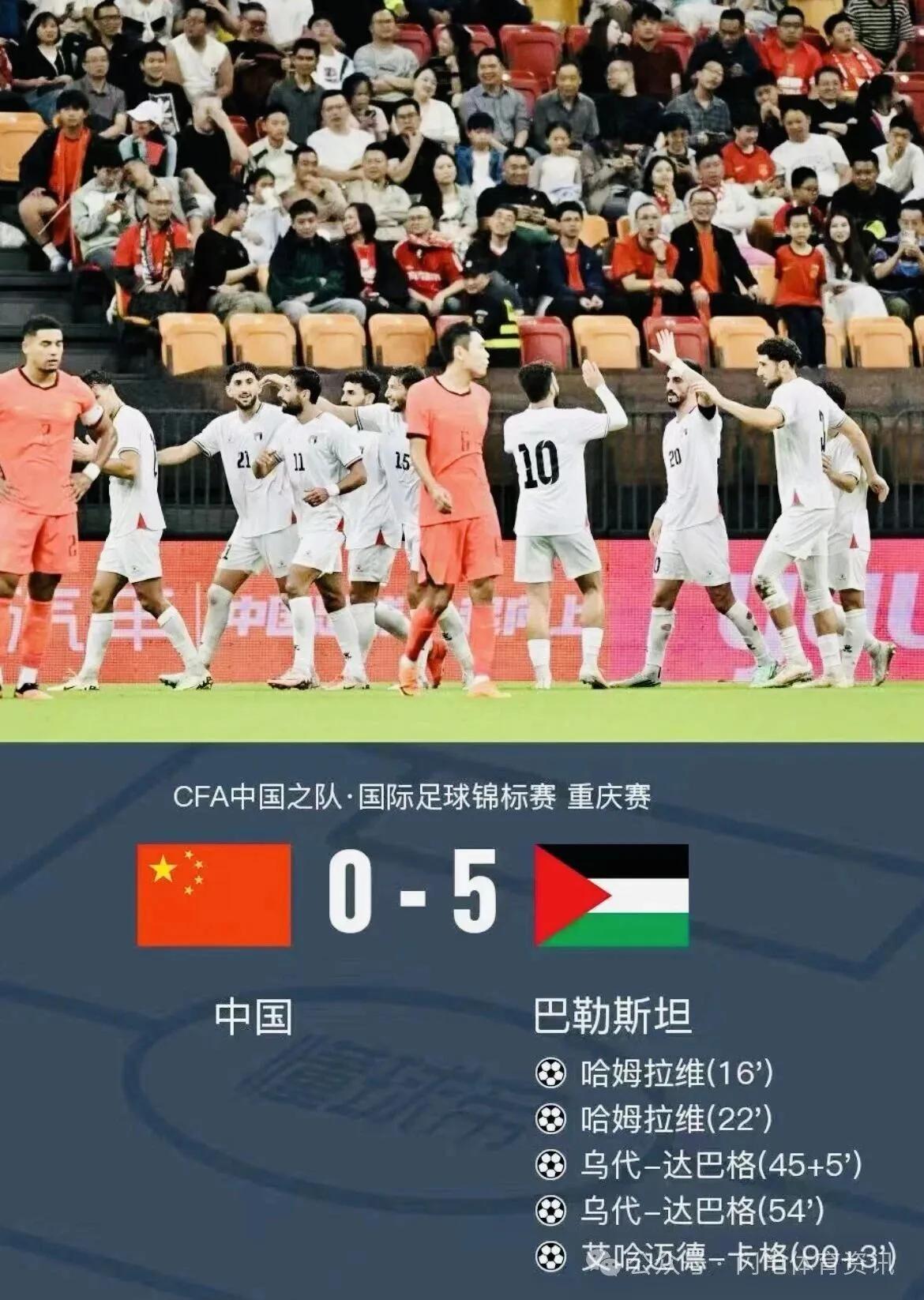 刚刚结束的重庆国际足球邀请赛第三场比赛，中国队0比5不敌巴勒斯坦。
   这是啥