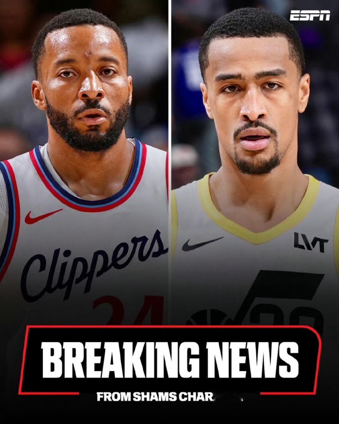 shams消息：热火、快船和爵士达成三方交易。热火得到：鲍威尔；快船得到：科林斯