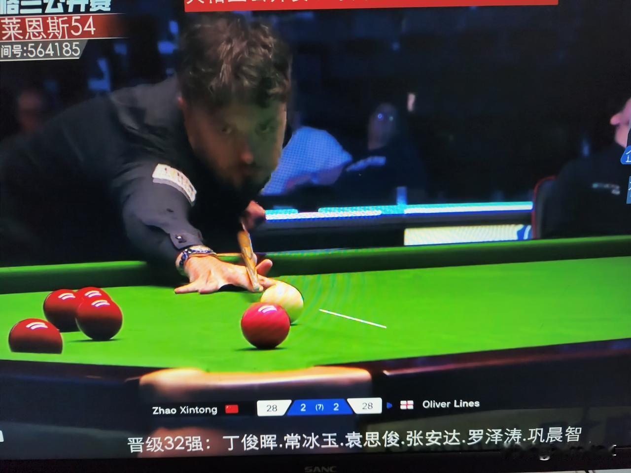 赵心童打法怪异，2：4莱恩斯，无缘32强。
斯诺克英格兰公开赛64进32，对阵双