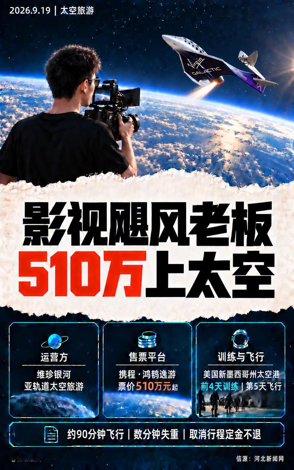 影视飓风老板要花510万上太空。潘天鸿近日透露，自己正在购买携程上架的维珍银河太