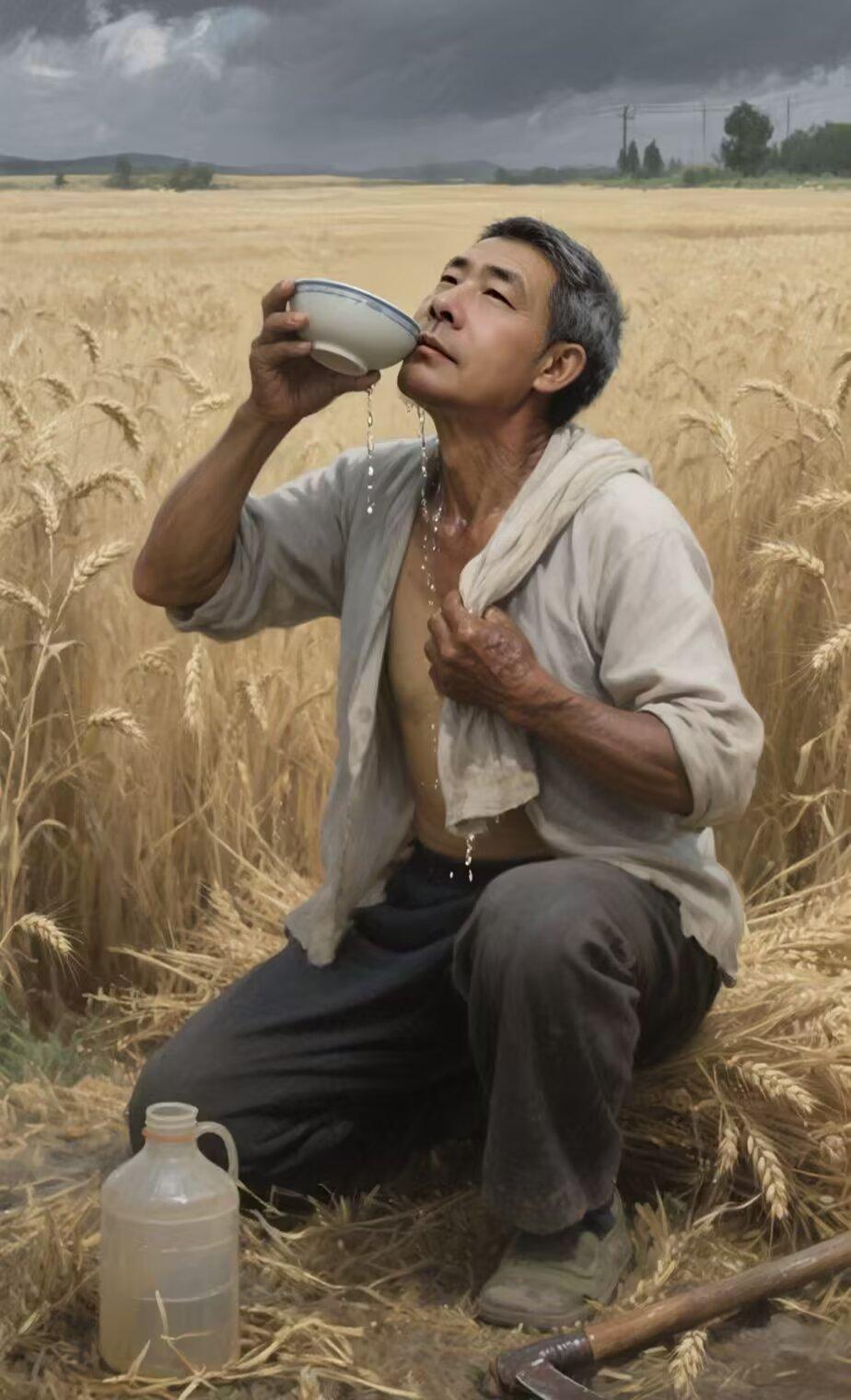 上联：汗洒麦田，一碗清泉消酷暑
下联：情牵陇亩，千重金浪盼丰年