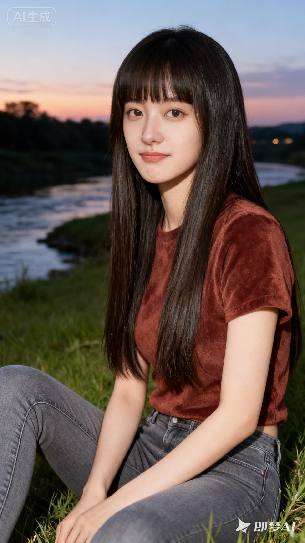 夕阳下的少女，静坐河畔，温柔如水。