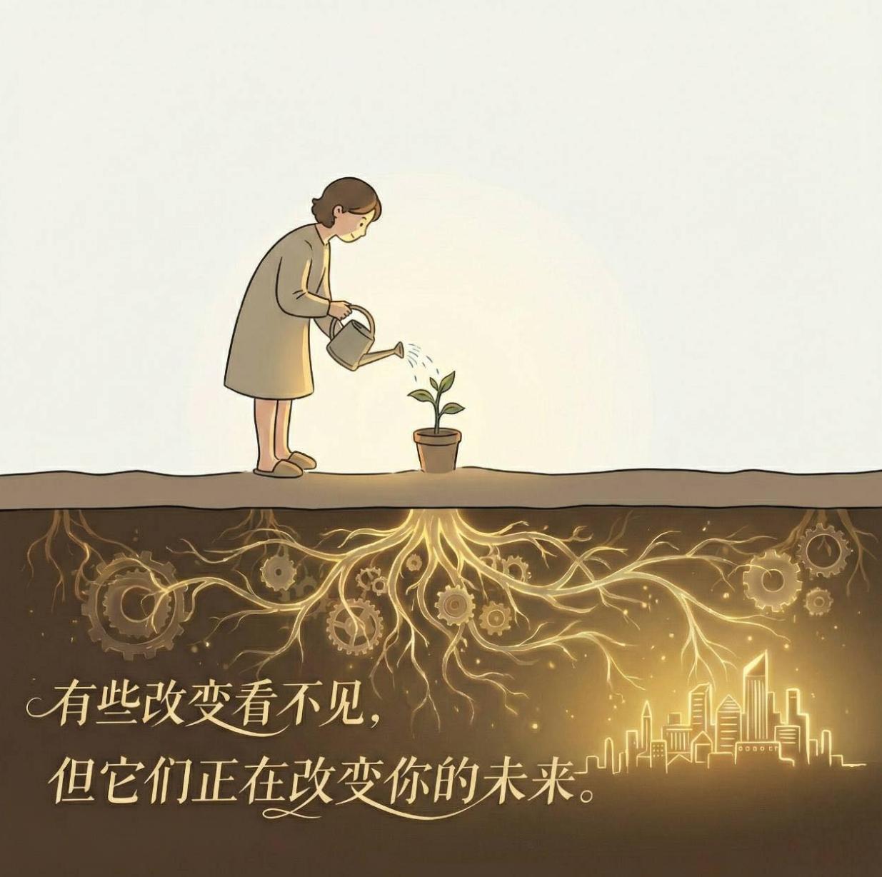 你看不见改变，是因为改变正在你看不见的地方发生。 像种子在黑暗的土壤里伸展根系，