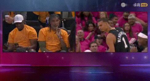 场边俩大佬、屏幕4超巨——文班：我季后赛首秀压力山大啊！
转播方先给出乔丹、詹姆