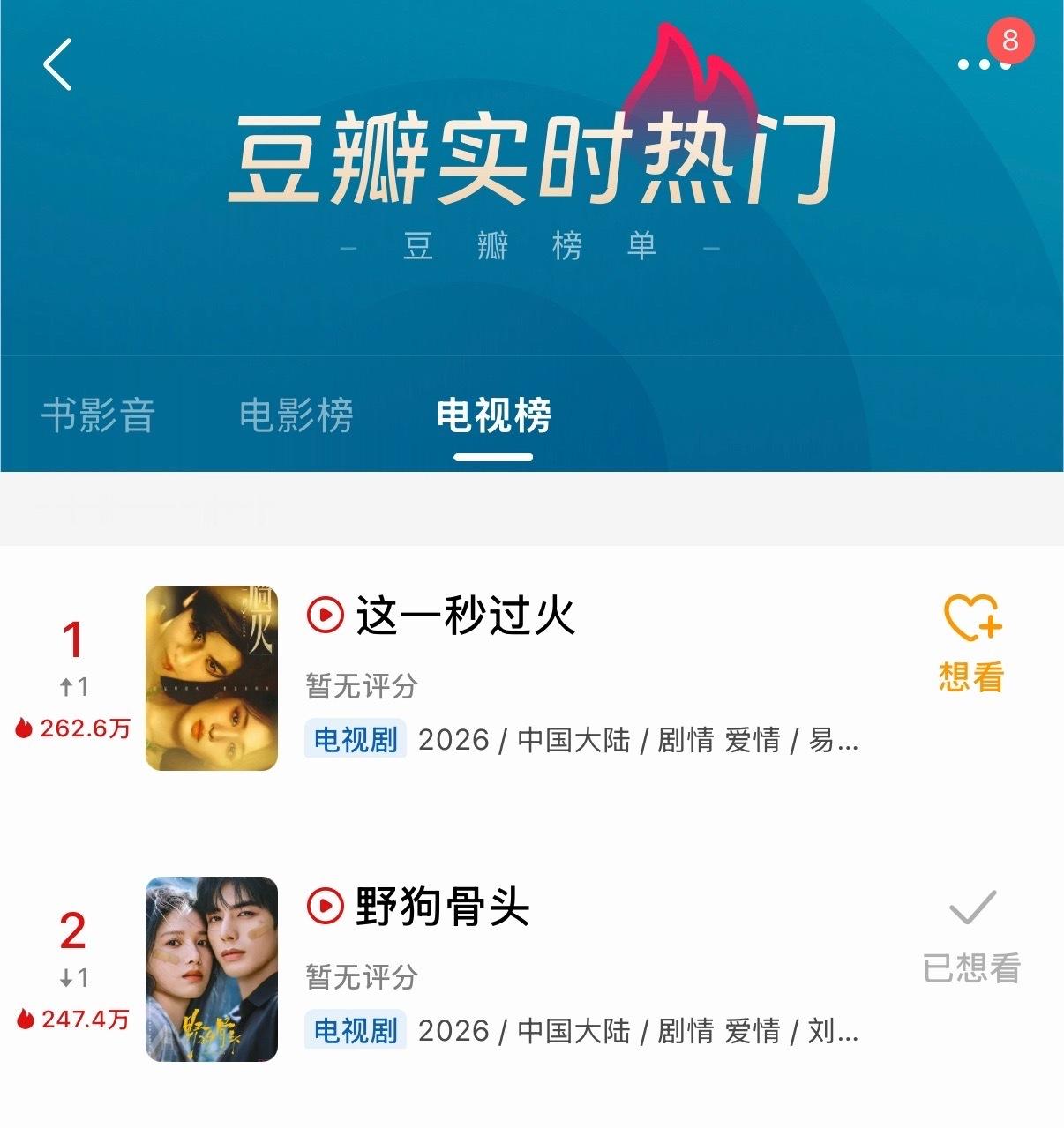 这一秒过火豆瓣电视榜登顶这一秒过火全网热度第一这一秒过火开播即巅峰啊张凌赫