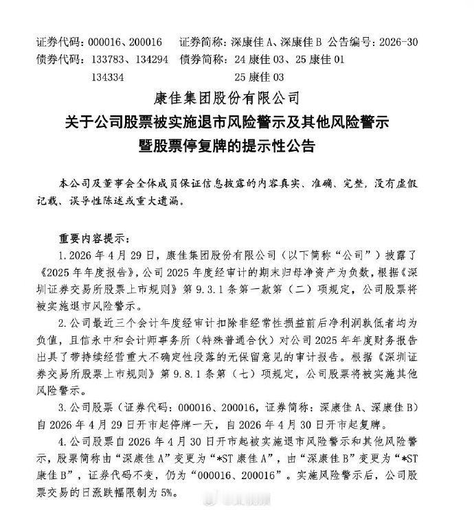 【昔日彩电一哥将被实施退市风险警示康佳集团将被实施退市风险警示】4月28日，康佳