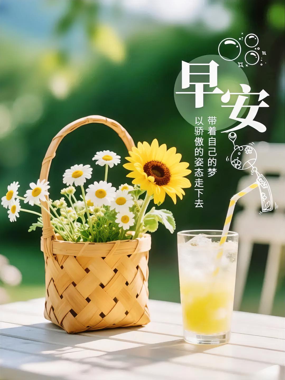 早安！向日葵与雏菊在篮中争艳，捧一杯柠檬水，怀揣梦想骄傲启程！
看看你相册里的早