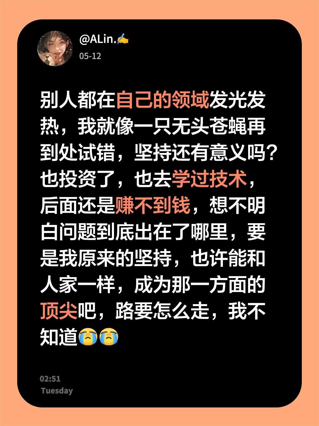 别人都在自己的领域发光发热，我就像一只无头苍蝇再到处试错，坚持还有意义...