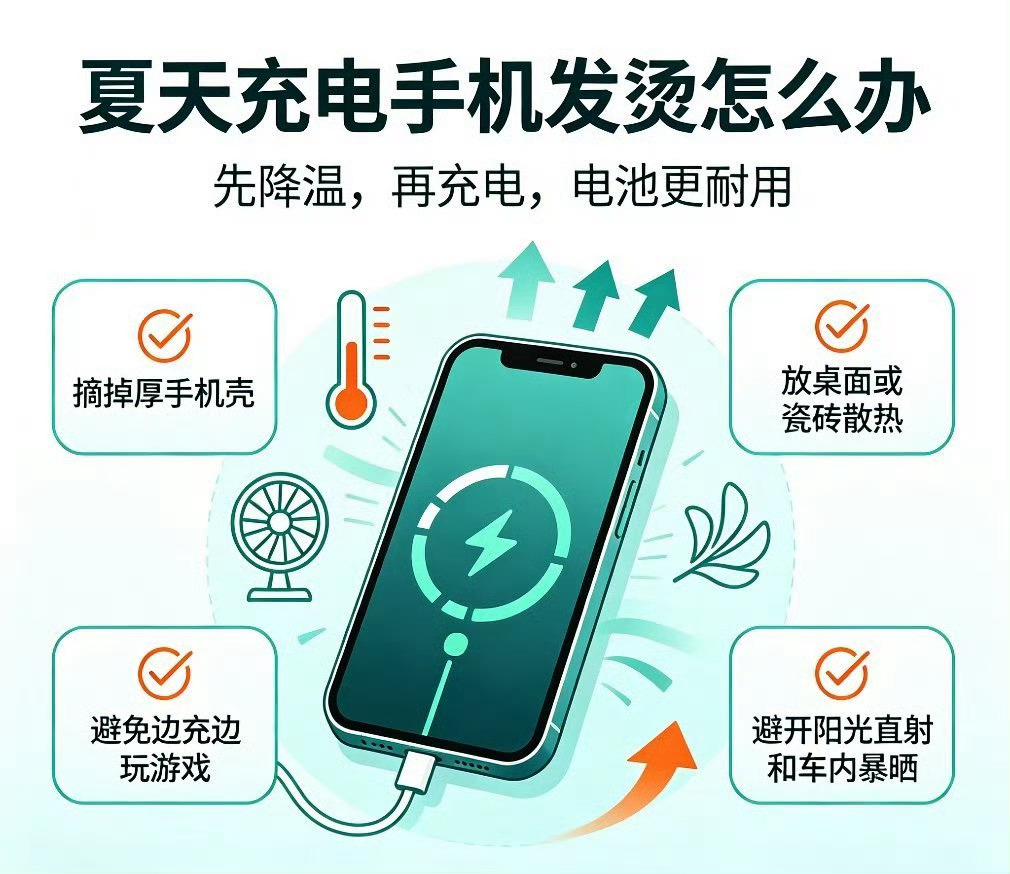 夏天充电时手机发烫怎么办夏天手机充电发烫很常见的情况，不仅发烫而且充电还非常慢。