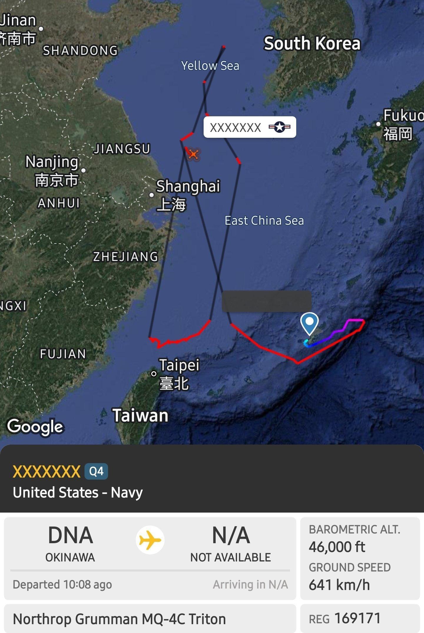 烽火问鼎计划外网图片：今天一架美国海军的MQ-4C无人机在黄海和东海的大致飞行轨