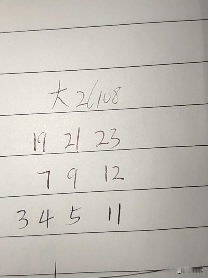 大乐透26108期：这三组号码，至少有一组无号，第一组19、21、23，这三码，