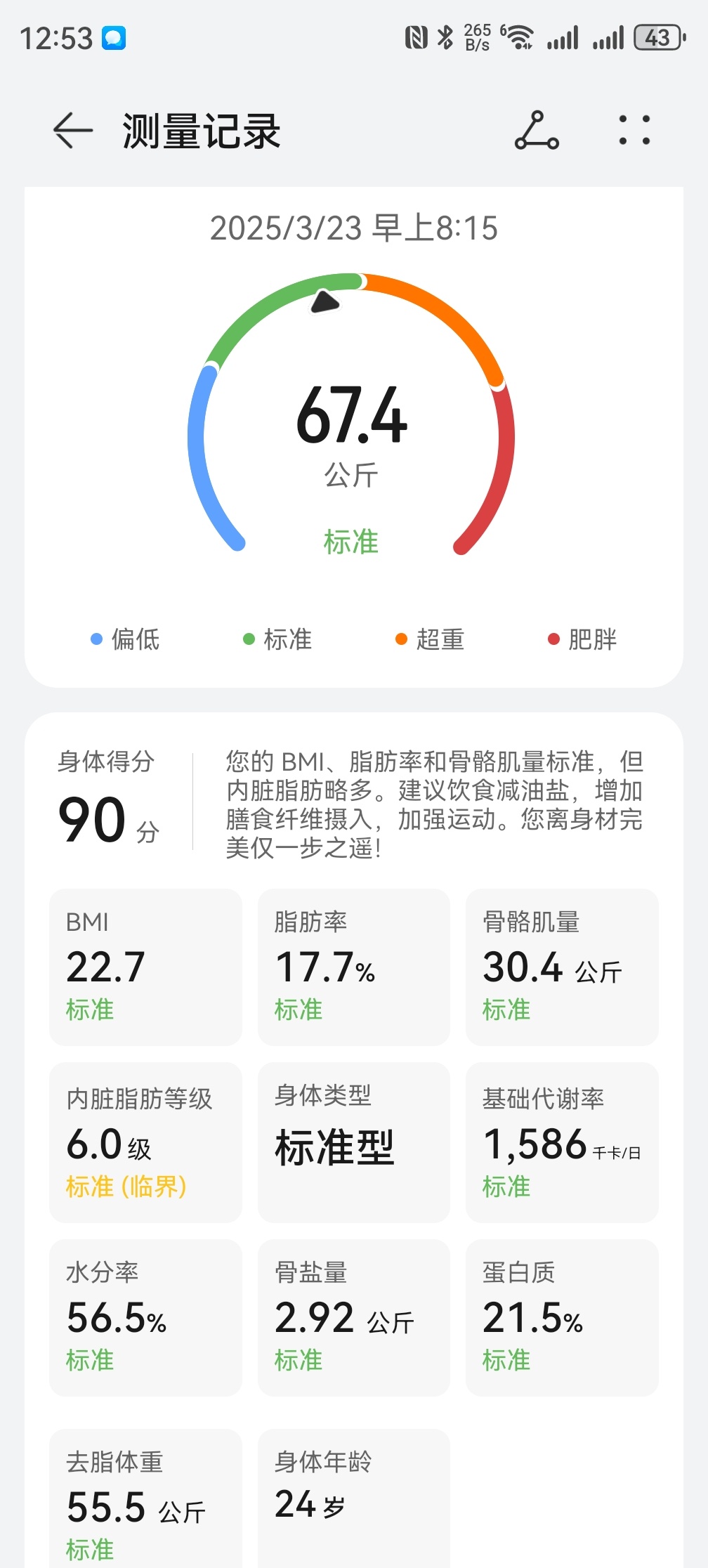 本周运动报告[doge]，现在体脂率是17.7%，十天前是19.9%。BMI得分