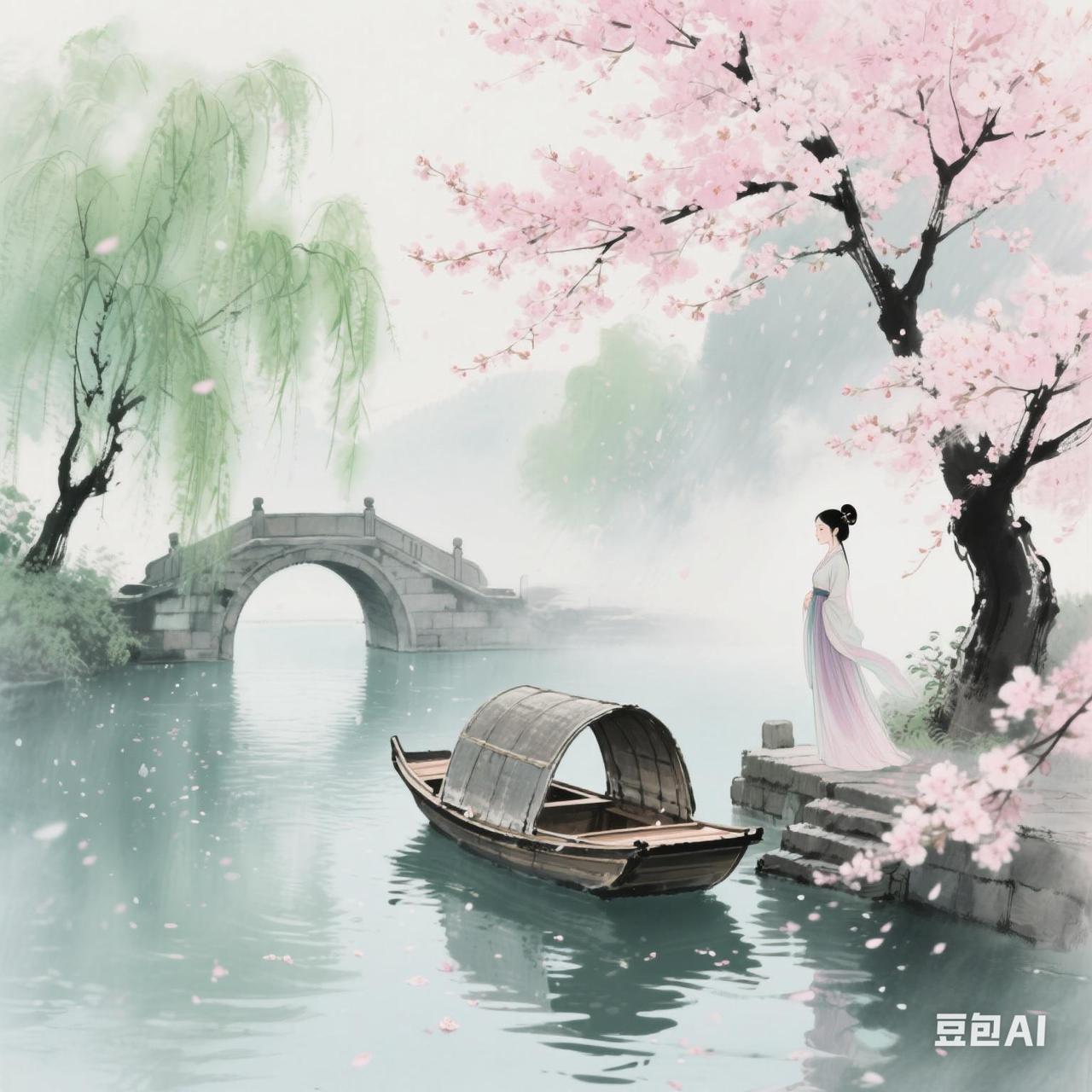 上联：风拂柳花妆几许，
下联：霜染枫叶饰千般，
下联：霞铺湖面色万重。