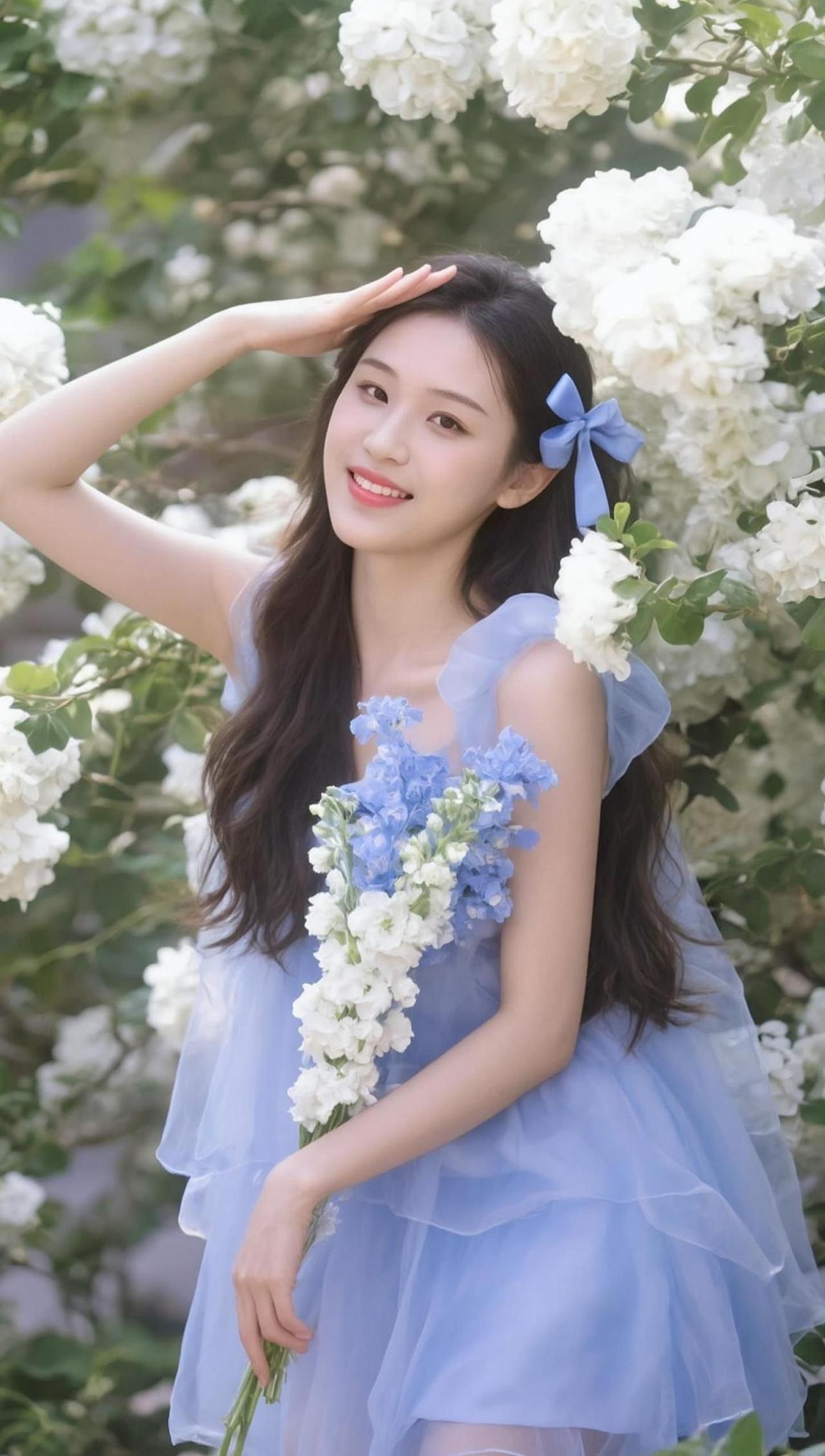 在花海中邂逅一场浪漫的梦境，仿佛置身于童话世界。蓝纱轻舞，花束点缀，每一处细节都