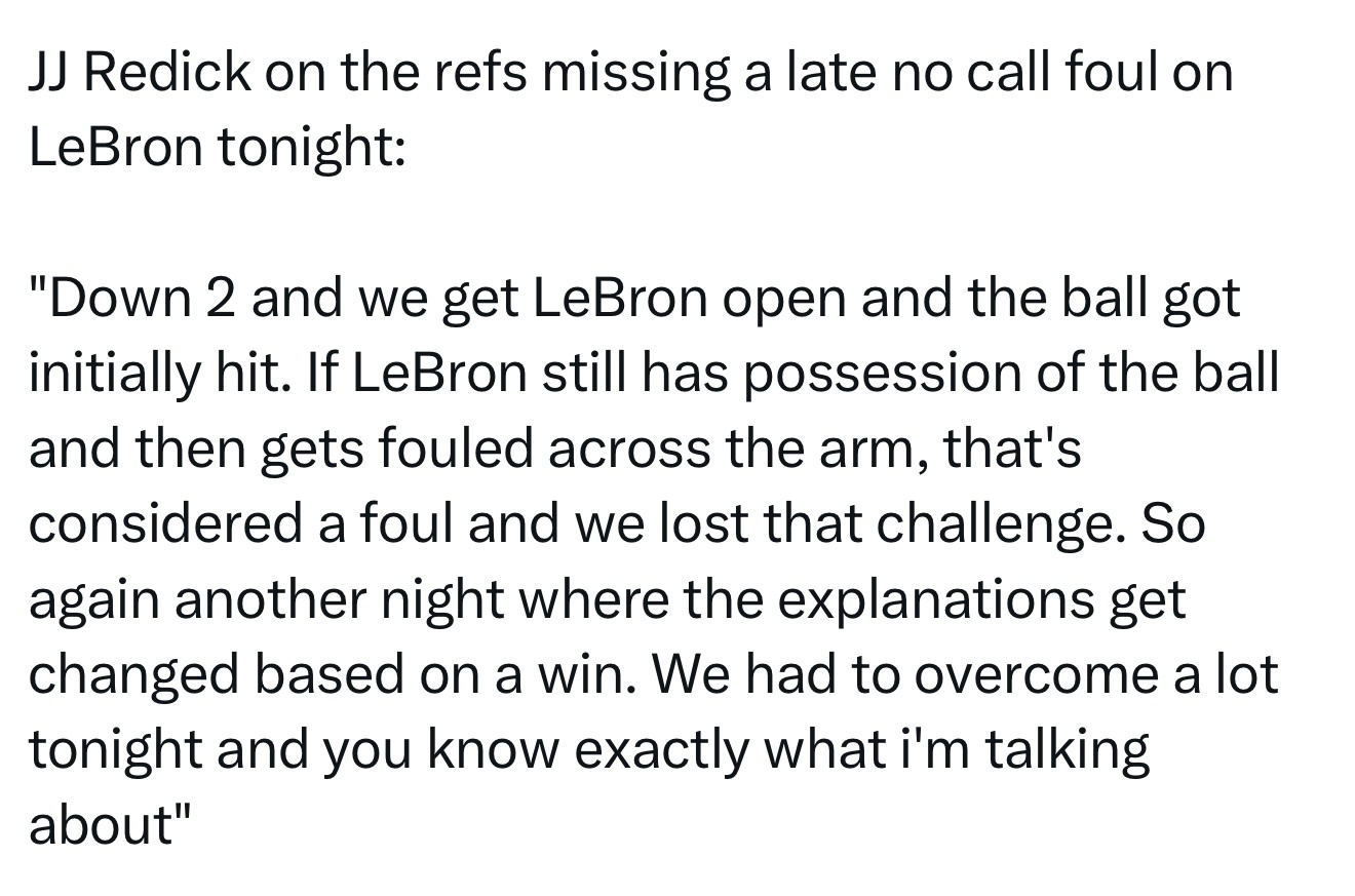雷迪克谈到今晚裁判末节对勒布朗的打手漏判：“又一个裁判根据比赛结果随意更改解释的