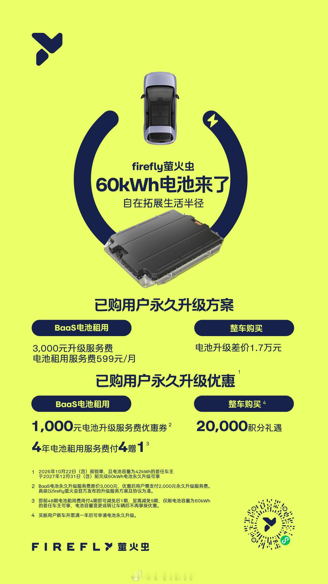 萤火虫60度电池升级来了，这里面有几个点值得说说：1、这个只比萤火虫现款42度电