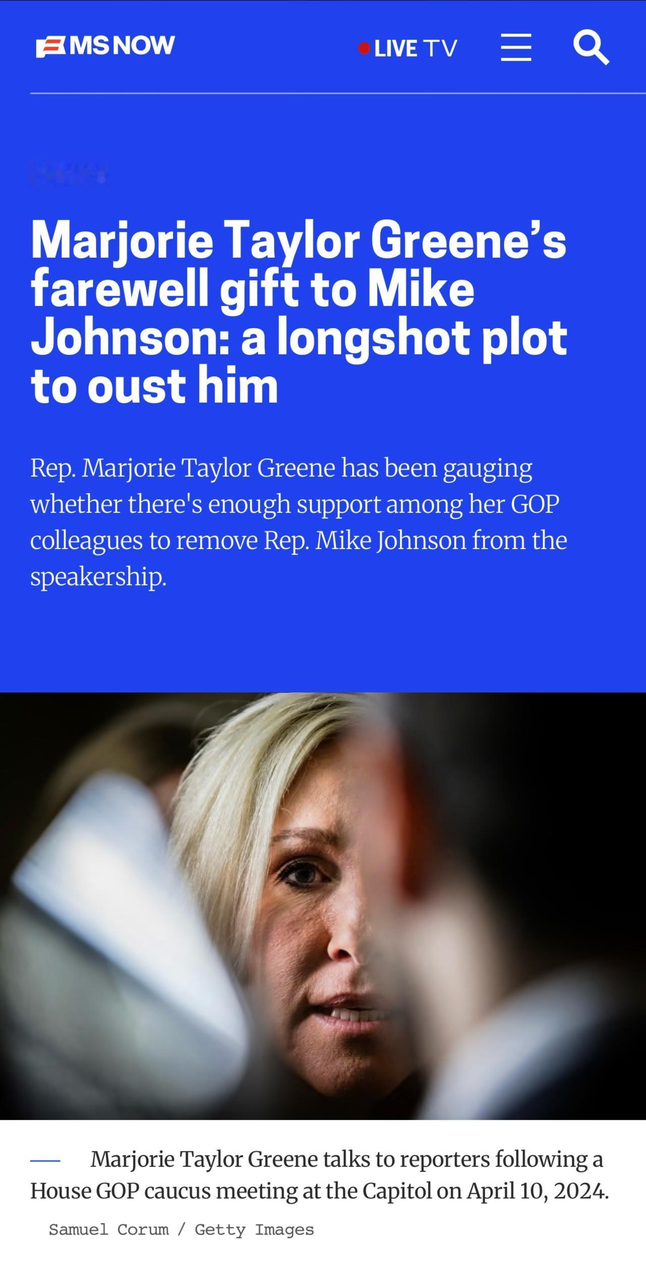 据MS NOW报道，美国国会众议员玛乔丽·泰勒·格林在即将离开国会之际，正试图以