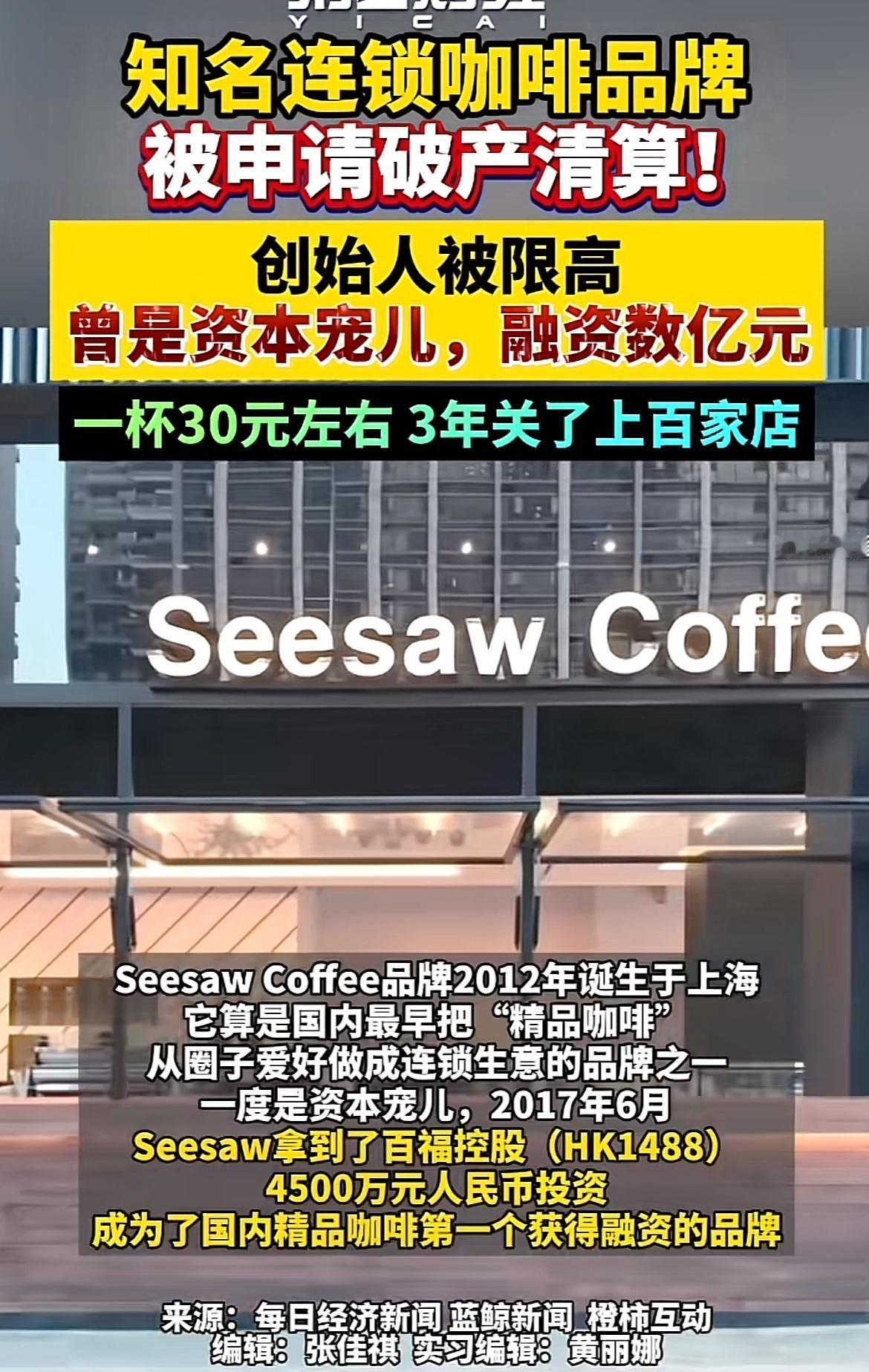 知名咖啡品牌Seesaw要破产清算，创始人还被限高，这事儿太让人唏嘘。Seesa