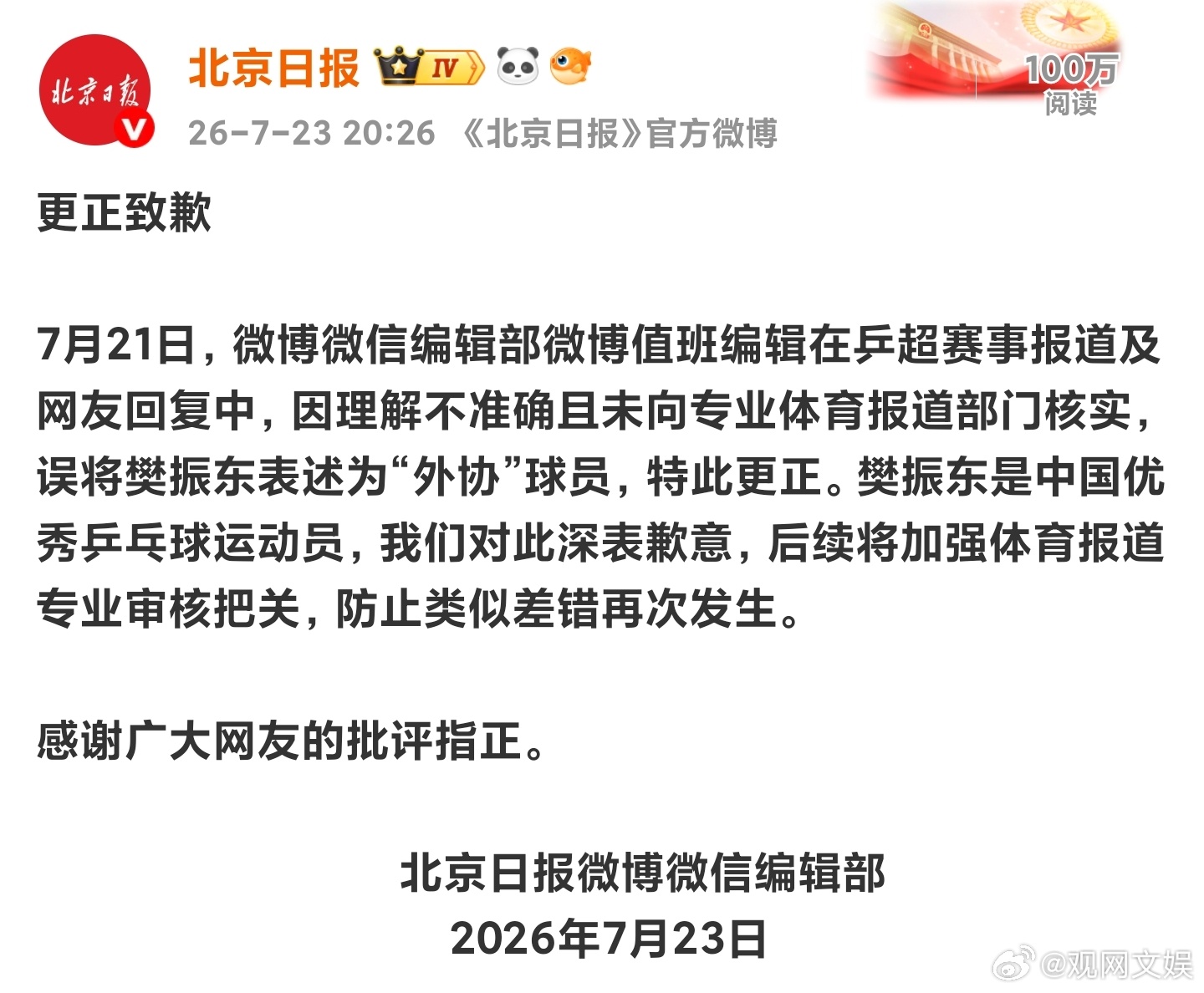 北京日报致歉北京日报错称樊振东为外协选手 7月23日，北京日报在社交媒体发文更正
