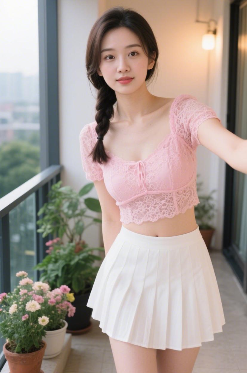 甜美少女风穿搭，粉色蕾丝上衣搭配白色百褶裙，清新自然。