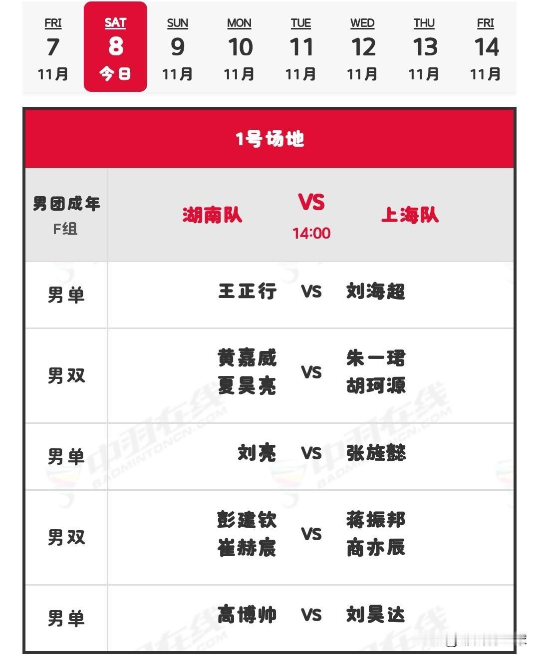 11月8日全运会羽毛球赛团体赛下午场赛程安排

今日北京时间14：00起，五块场