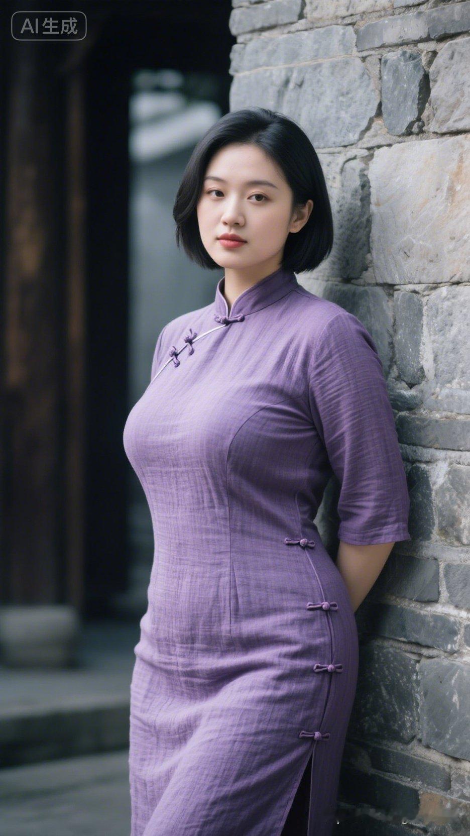 优雅紫色旗袍，复古石墙前，尽显东方韵味。