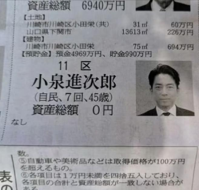 你敢信？堂堂日本内阁重臣、手握防卫大权的核心政客小泉进次郎，最新官方资产公示，竟