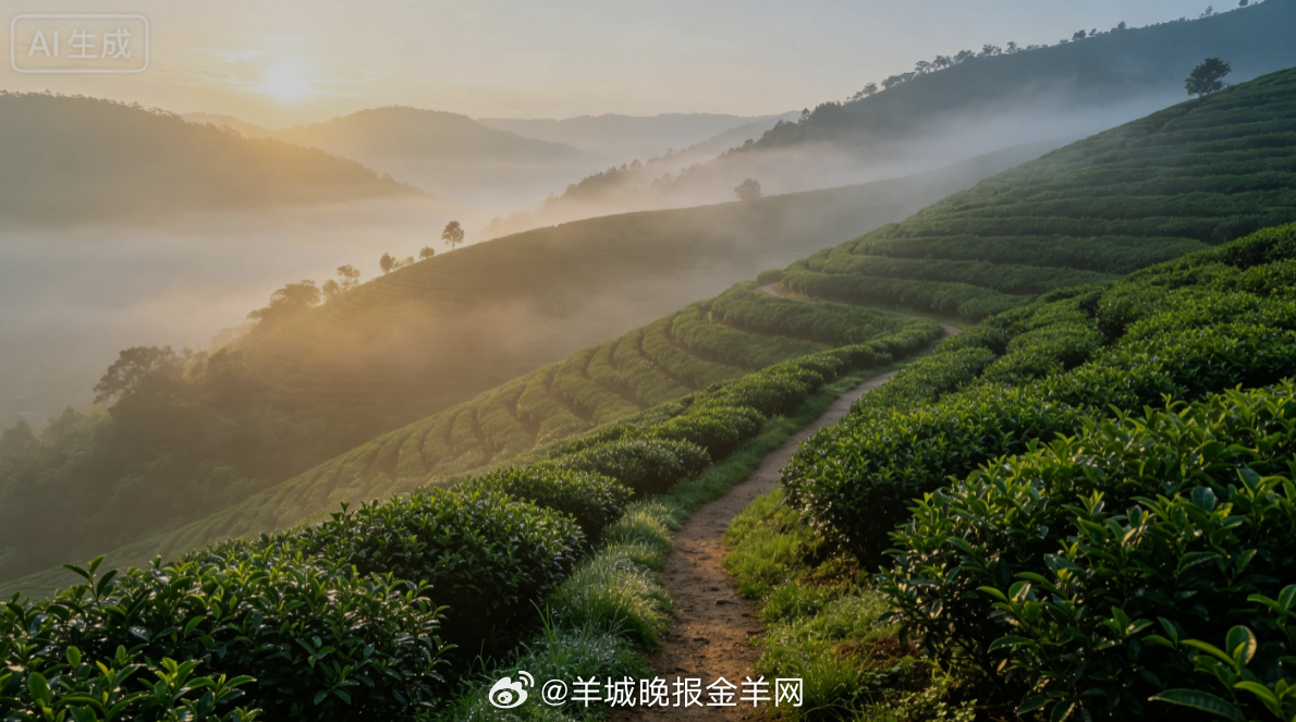 #早安# 盛夏清晨笼着一层轻薄晨雾，漫山茶树铺展层层翠色，初阳柔和地漫过茶园小径