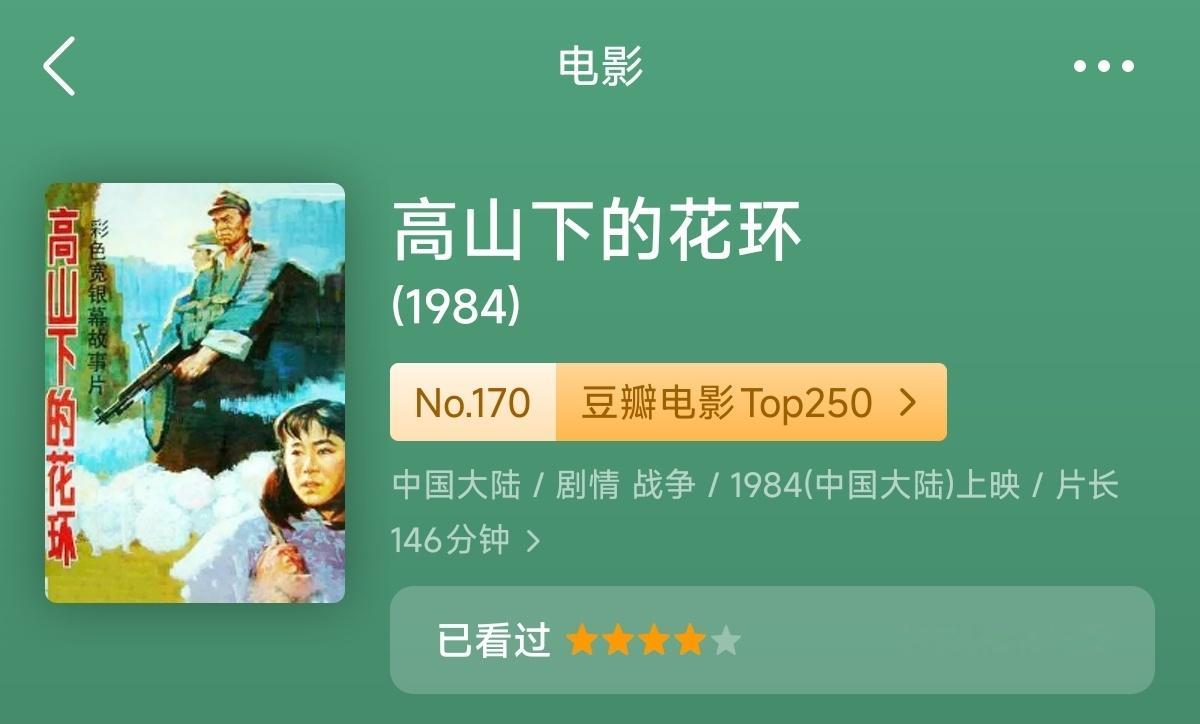 今天我看了「高山下的花环」，华语战争片顶峰之作，战争场面描写非常真实。看过的所有
