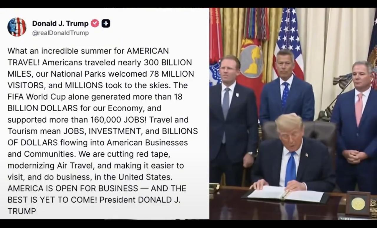 特朗普表示，世界杯为美国带来了180亿美元的经济效益，国家和公园吸引了7800万