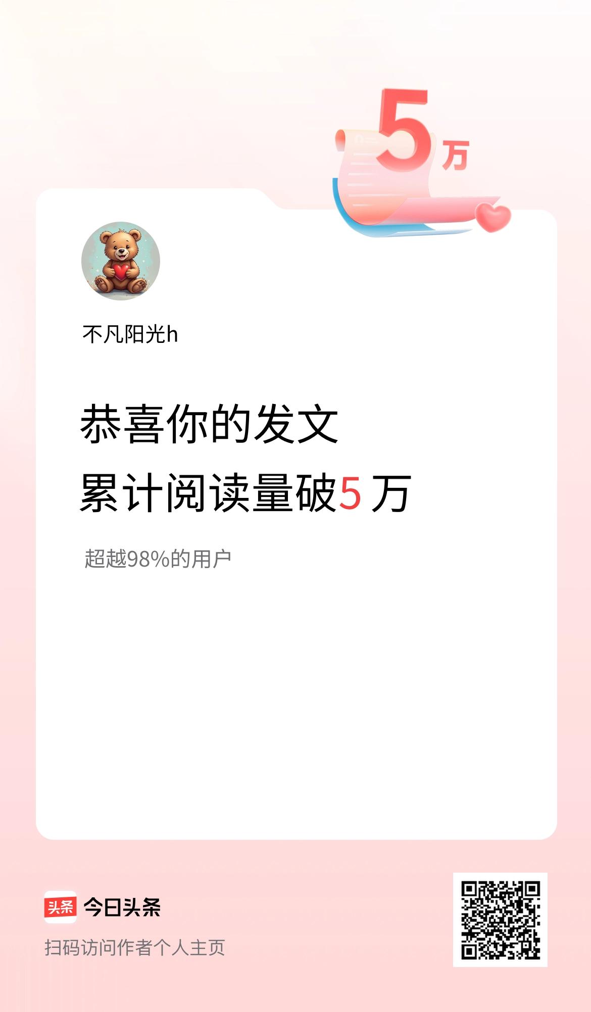🤝我在头条累计获得阅读量破5万啦！