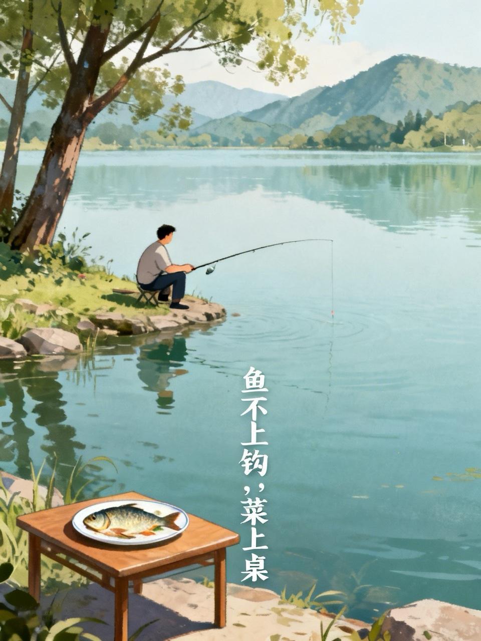 鱼不上钩，菜上桌

大清早的，我闺蜜老公就蹲湖边了，架势摆得跟姜太公似的。结果呢