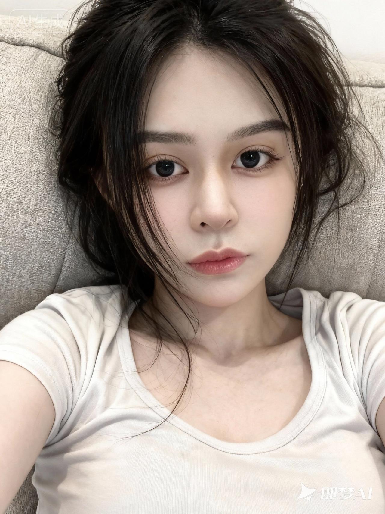 躺在沙发上，小仙女前置摄像头自拍照，散发遮盖脸颊，素颜美女，上半身特写，表情自然