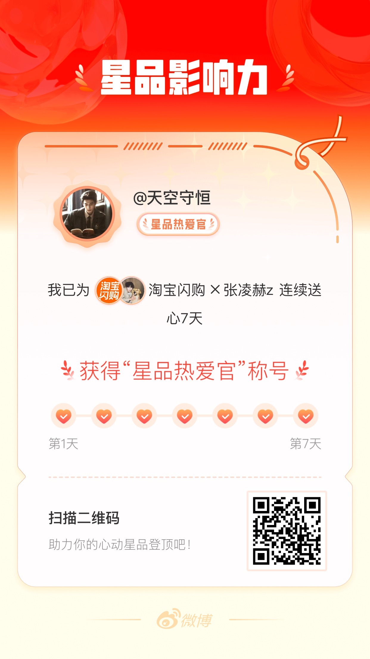 我在星品影响力上为 X 连续送心7天，获得“星品热爱官”称号！快来一起pick你