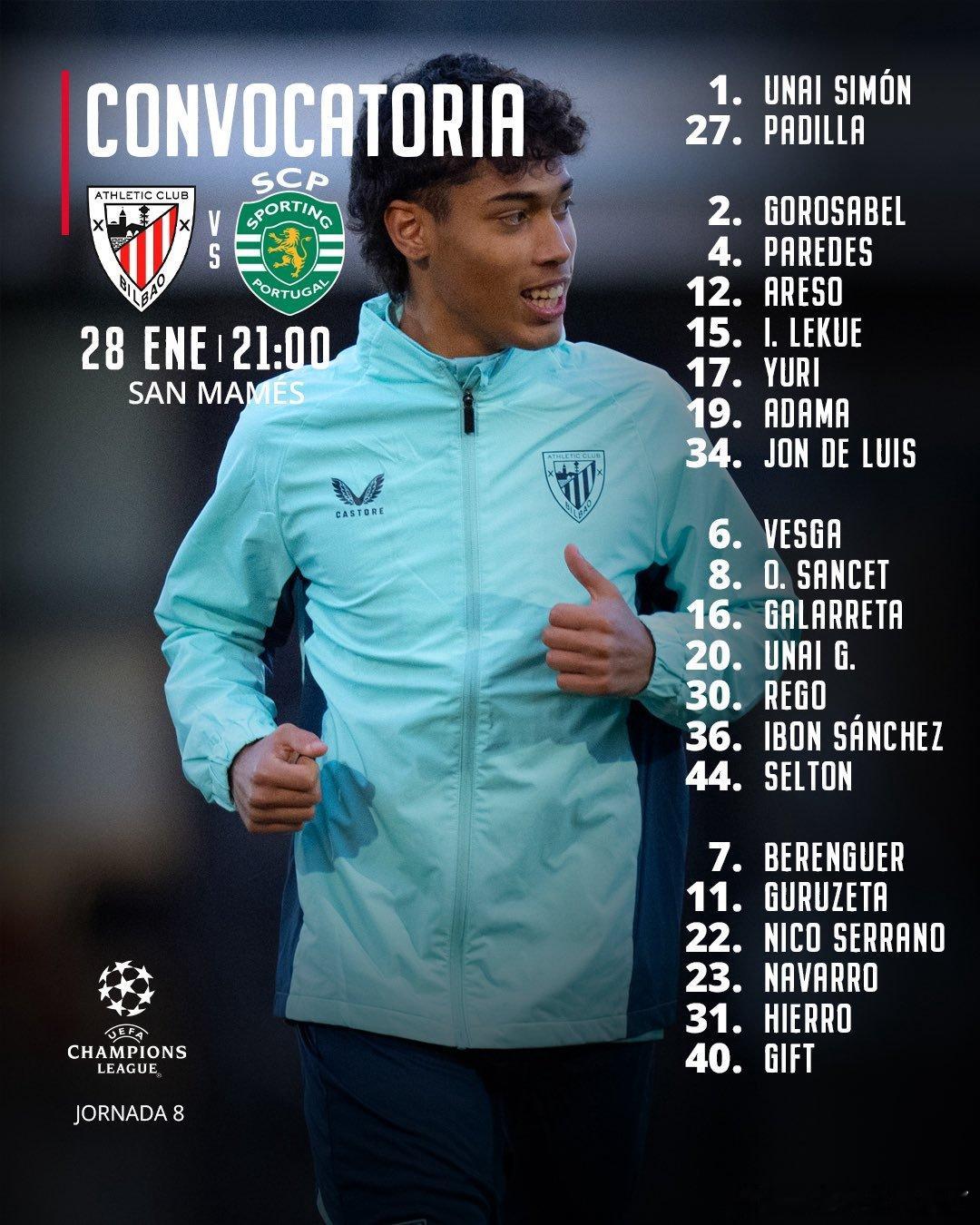 利物浦青训球员以利亚·吉夫特（19岁）已入选毕尔巴鄂竞技对阵葡萄牙体育的欧冠大名