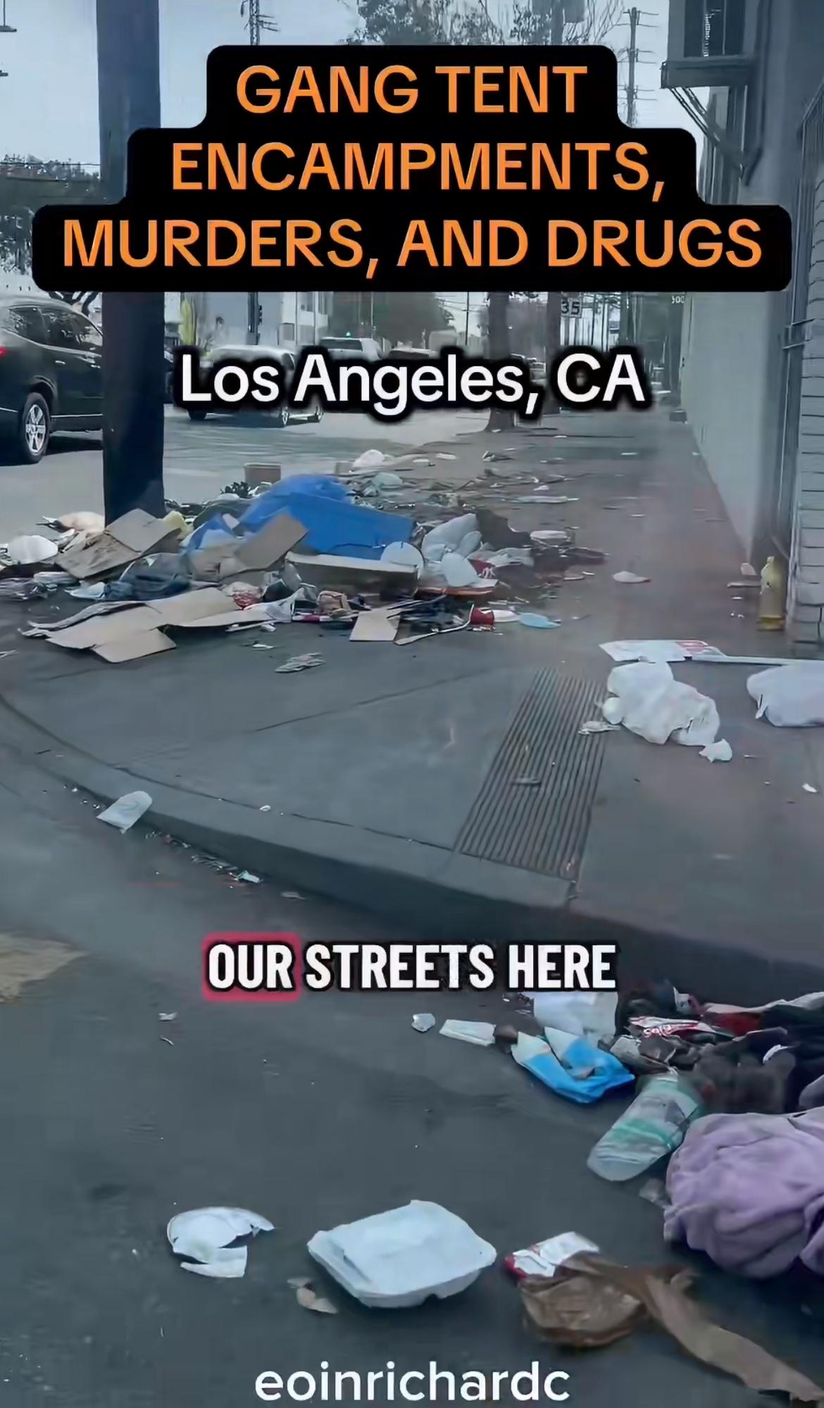 这是洛杉矶某学校附近的街道，这个地方据说还发生了多起命案，街道的两旁全部都是无家