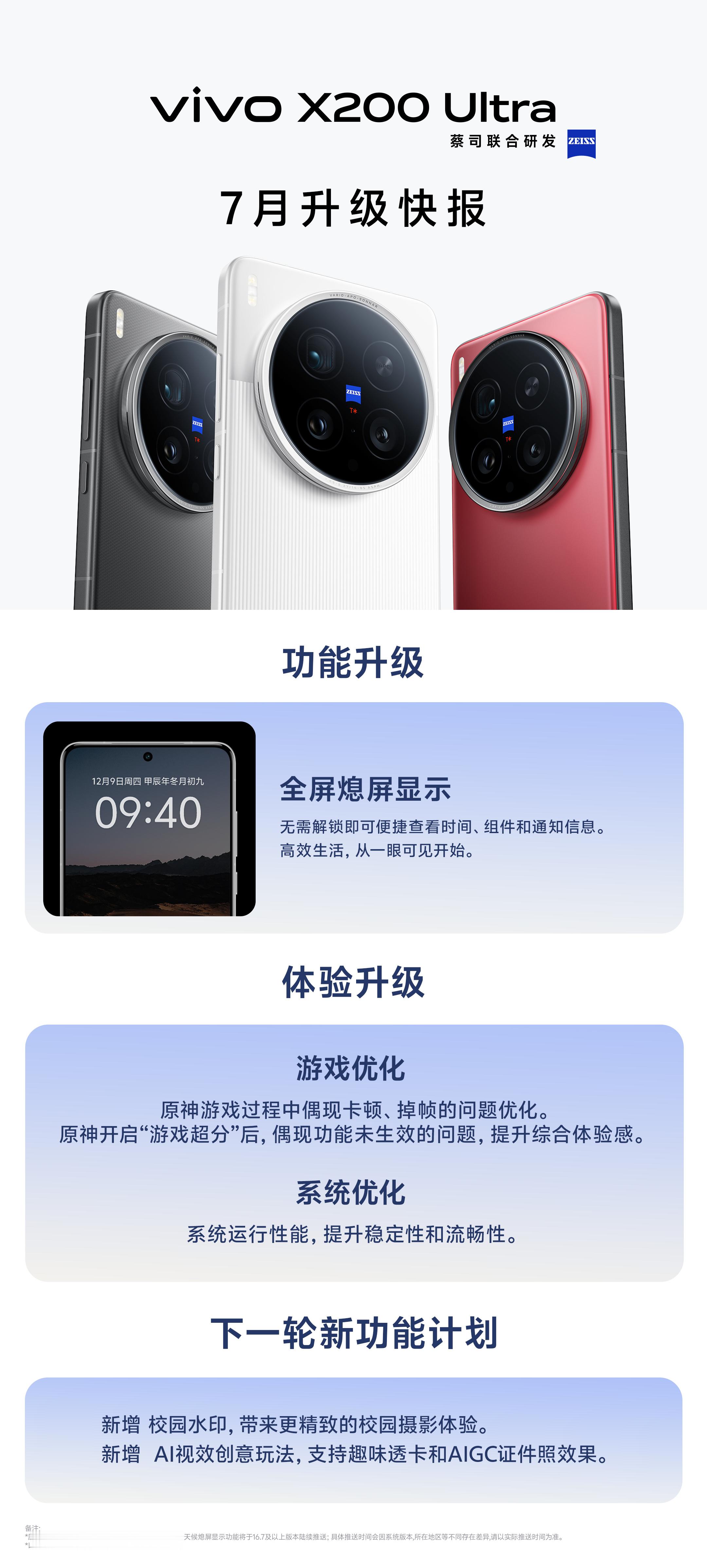 vivo  X200Ultra的7月快报又来了，游戏优化已经收到，坐等全屏熄屏显