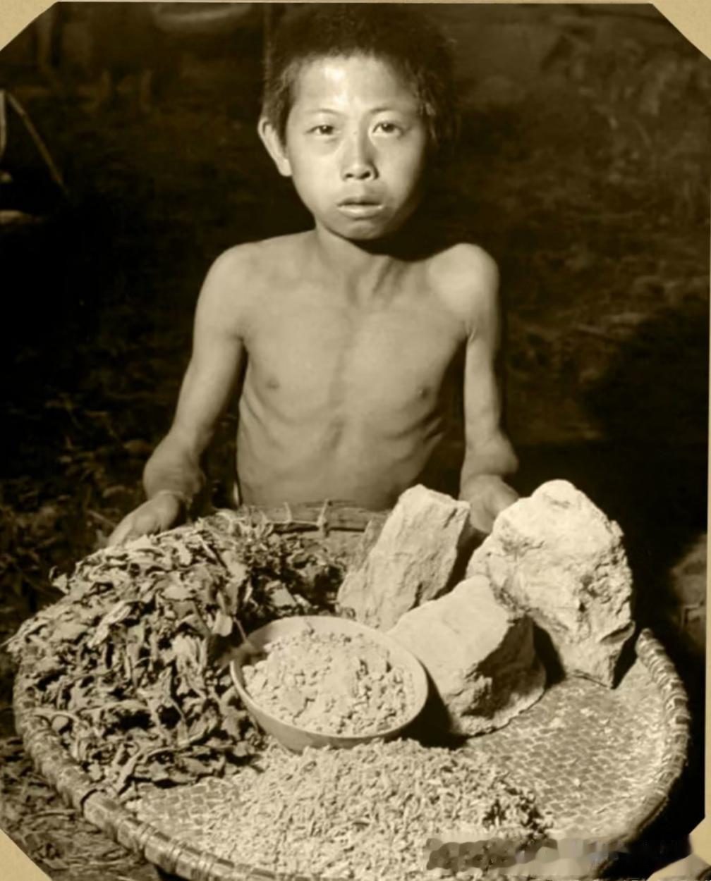 942年，河南大饥荒，一名男孩手捧着家中仅存的食物，照片中，大块的土就是观音土，