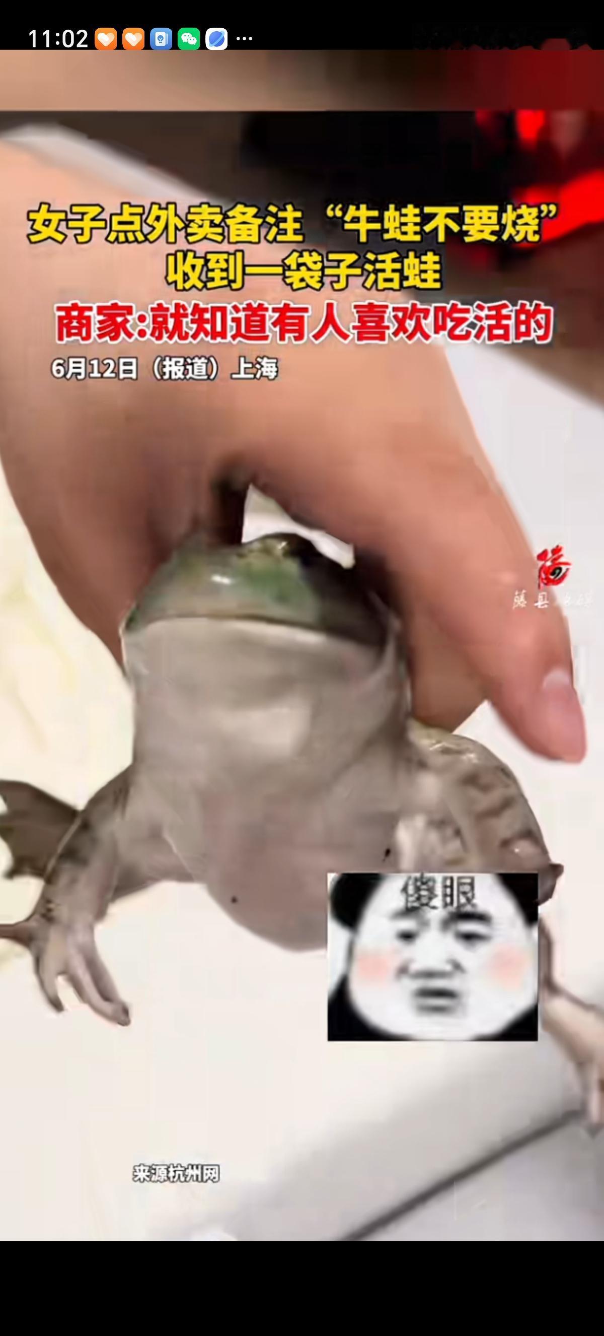 上海一名女子点牛蛙外卖，备注写了“牛蛙不要烧”，没想到商家很实在的给她送来一袋活