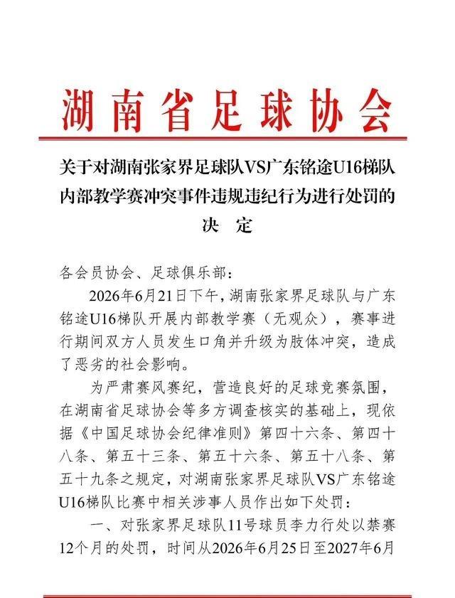 14岁小球员遭张家界足球队殴打，广东足协、湖南足协：多人被处罚

2026年6月