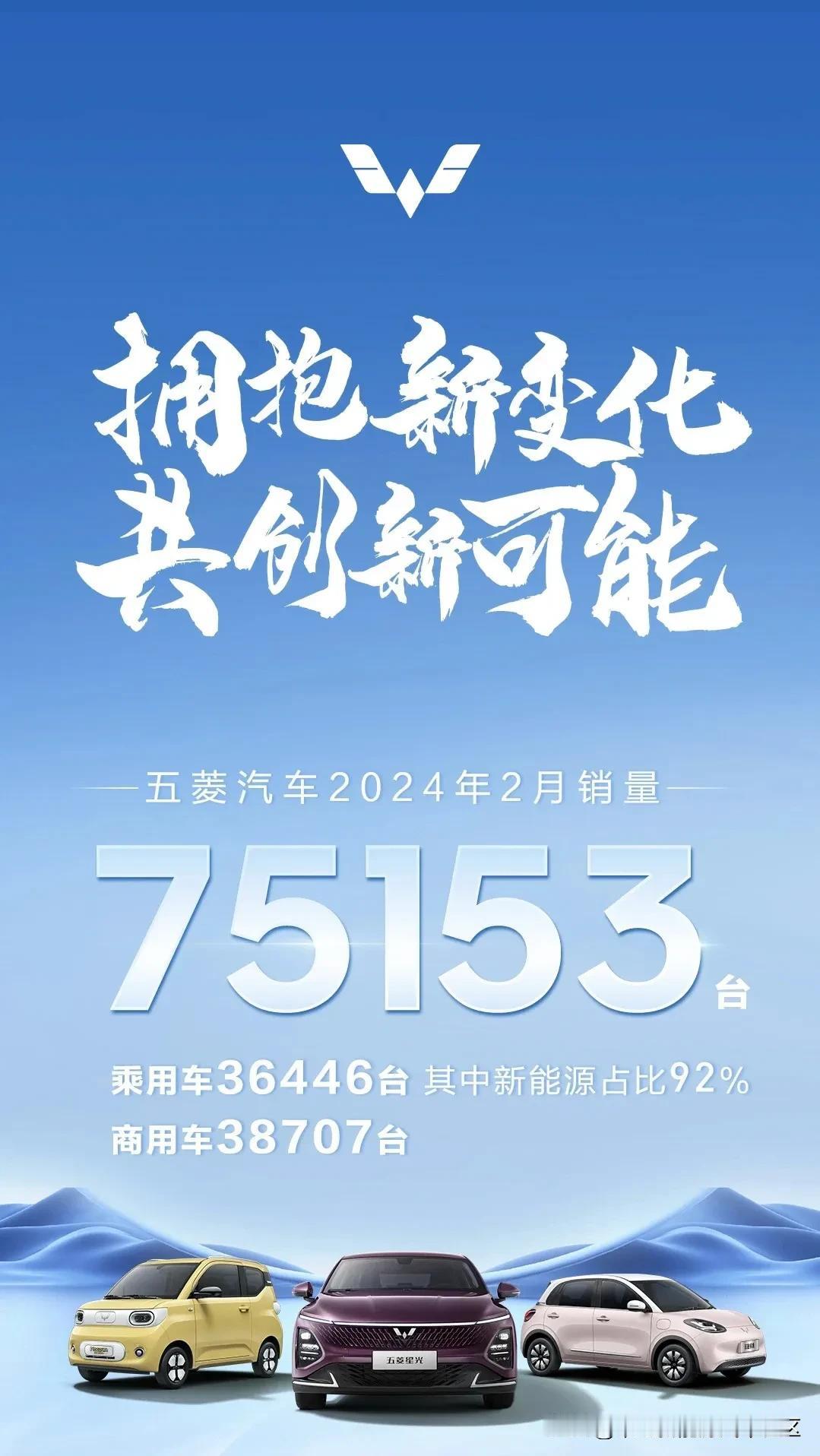 五菱汽车公布2024年2月更多车型销量数据，根据海报“新能源占比92%”，推测五