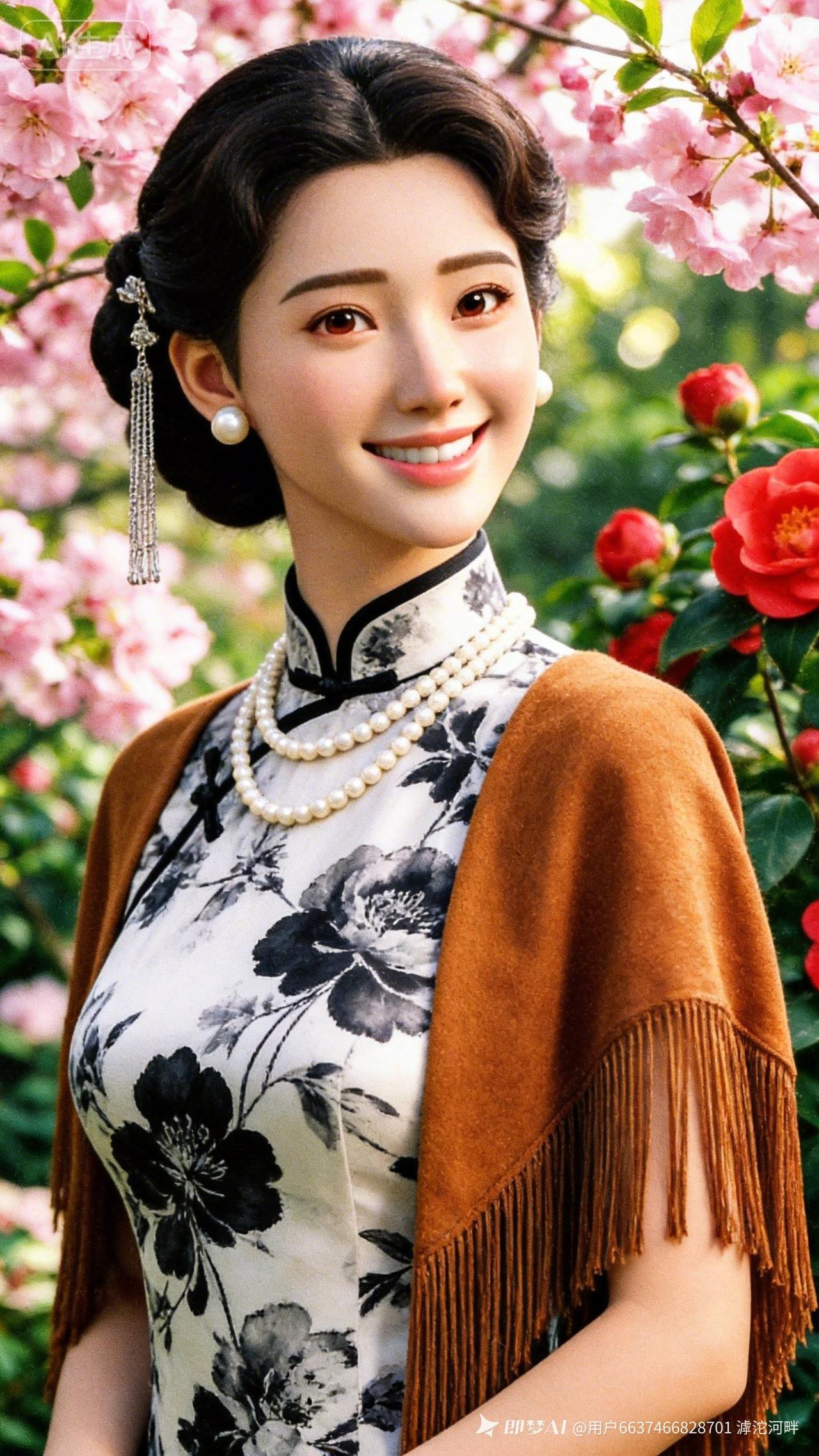 春日花海中的古典美人，笑靥如花，韵味十足。